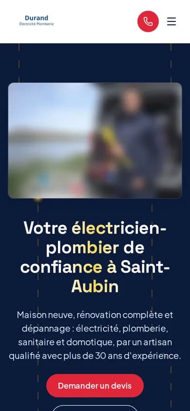 Page d'accueil du site sur téléphone (nom et coordonnées de l'artisan remplacés)